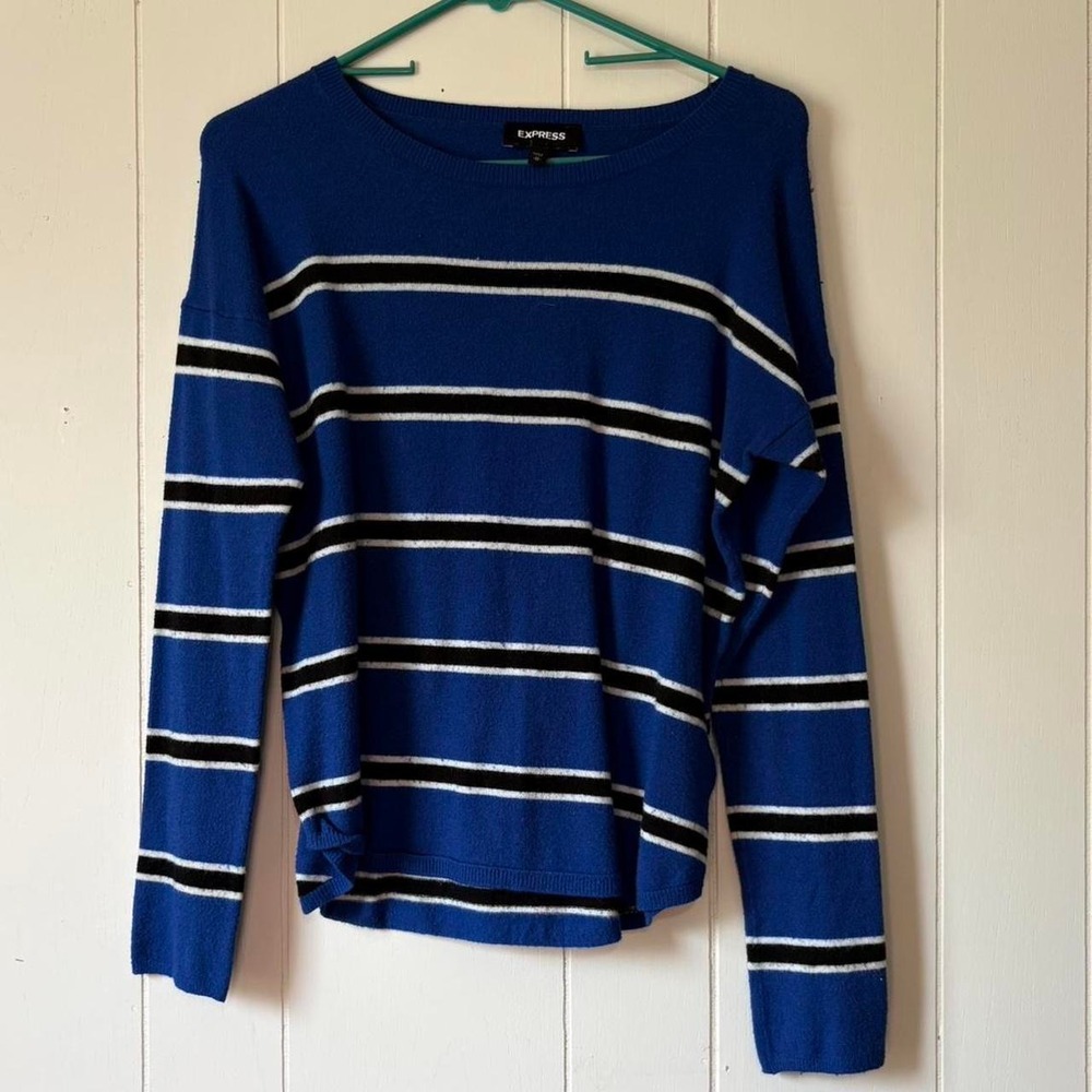 Express Blue Striped Knit Sweater Women's Medium Boat Neck Lightweight Pullover
